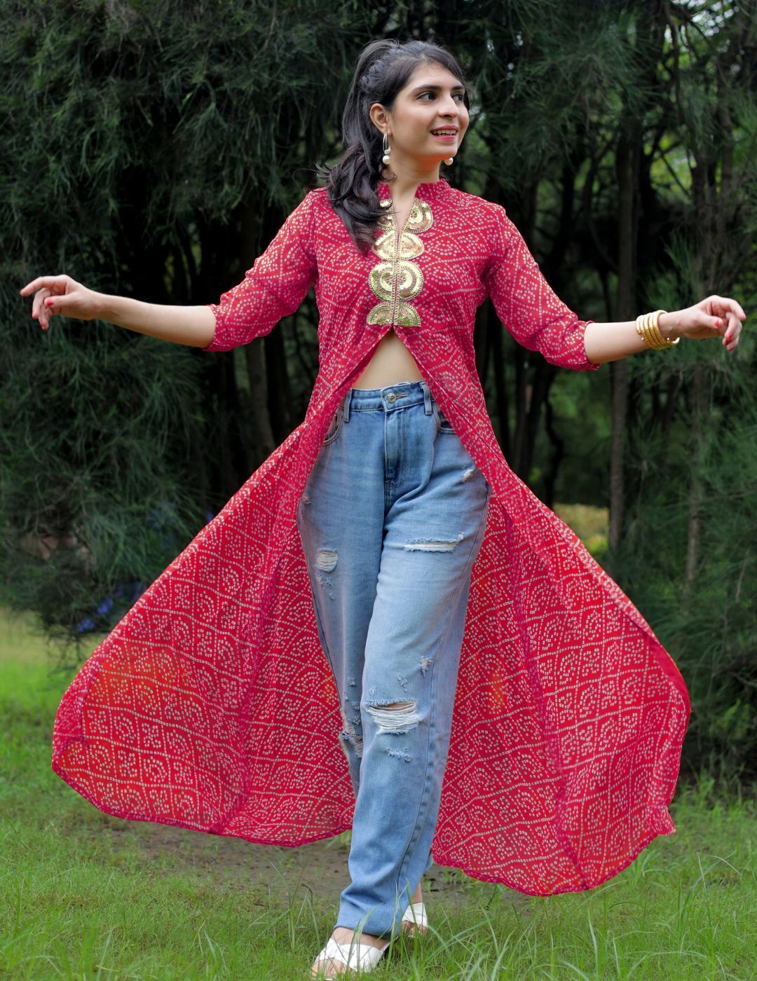 KALINI Bandhani Printed Mandarin Collar Sequins Front Slit Georgette A-Line Kurta