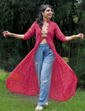 KALINI Bandhani Printed Mandarin Collar Sequins Front Slit Georgette A-Line Kurta