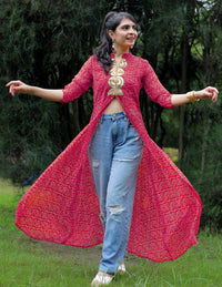 KALINI Bandhani Printed Mandarin Collar Sequins Front Slit Georgette A-Line Kurta