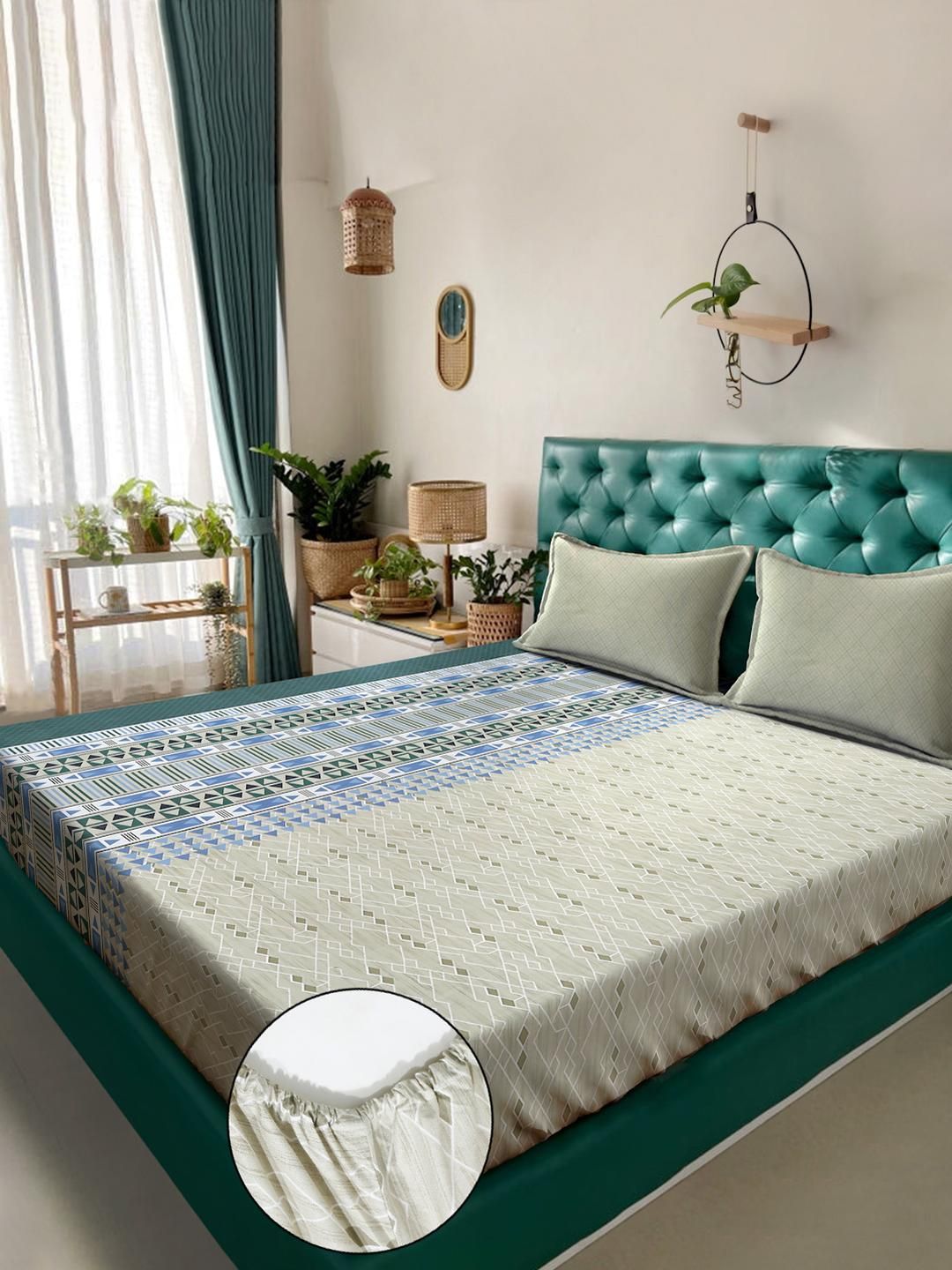 KLOTTHE Green Geometric Printed Dilengkapi 400 TC Kapas Cadar Super King & 2 Sarung Bantal