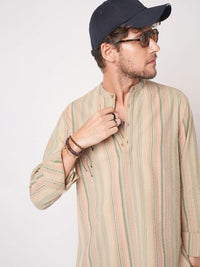 VASTRADO Men Striped Band Collar Straight Cotton Kurta
