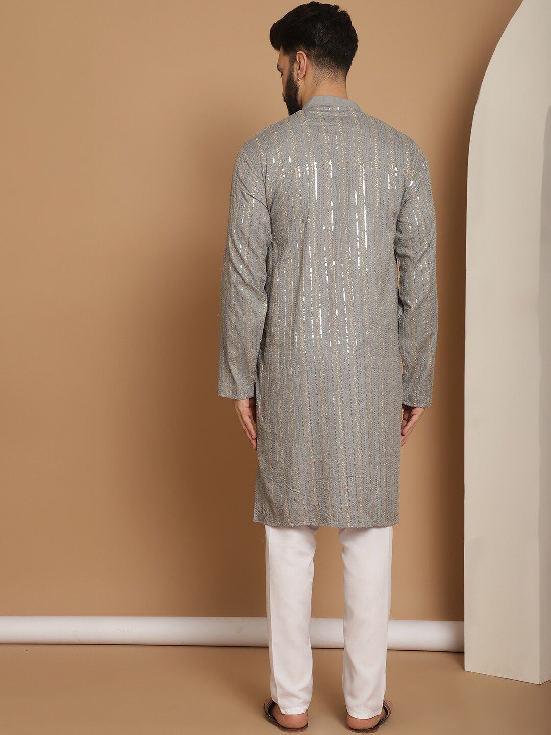 Anouk Grey Leheriya Embroidered Mandarin Collar Pure Cotton Straight Kurta With Churidar