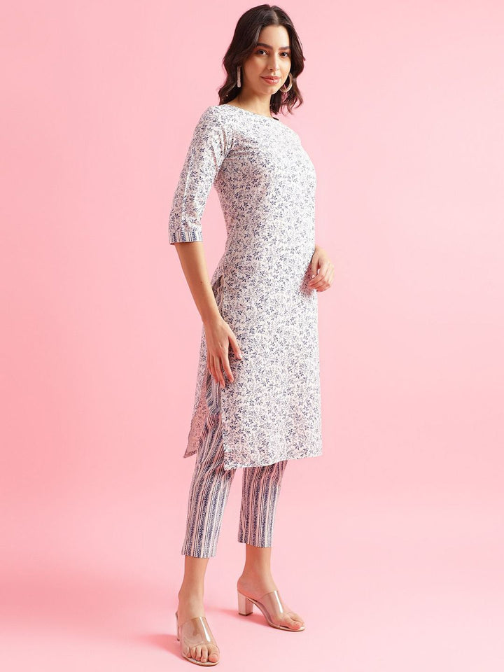 KALINI Floral Printed Round Neck Three Qaurter Sleeves Straight Kurta With Trousers