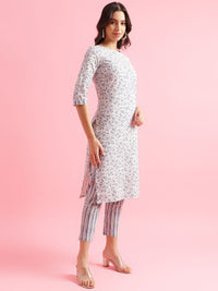 KALINI Floral Printed Round Neck Three Qaurter Sleeves Straight Kurta With Trousers
