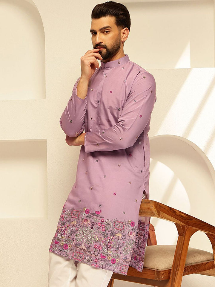 SOJANYA Kurta Lurus Sulam Bunga Mandarin Kolar Kapas Sutera