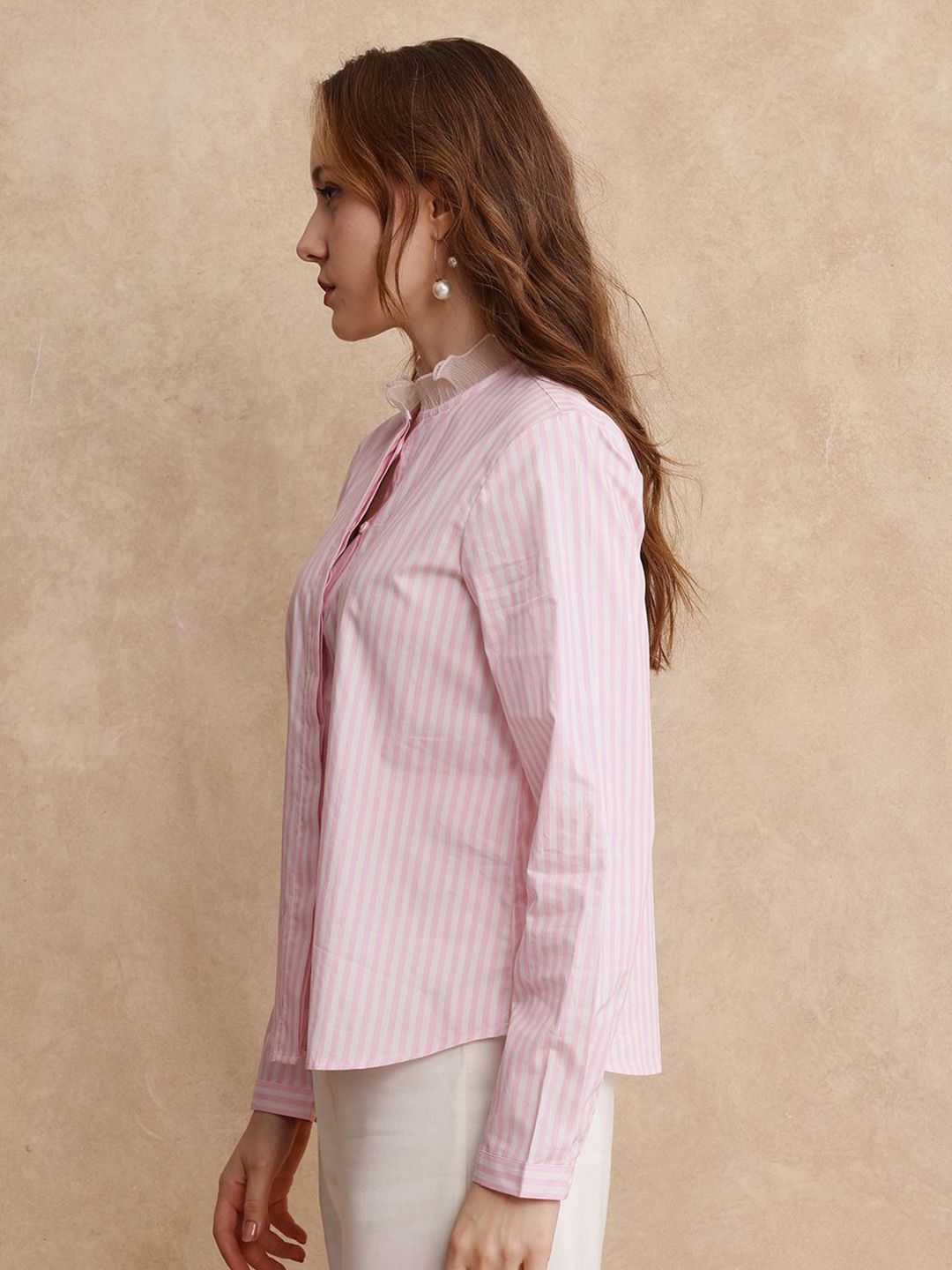 RAREISM Women Comfort Mandarin Collar Vertical Striped Cotton Casual Shirt