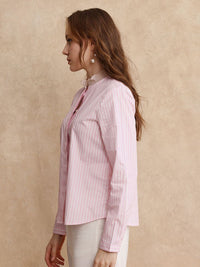 RAREISM Women Comfort Mandarin Collar Vertical Striped Cotton Casual Shirt