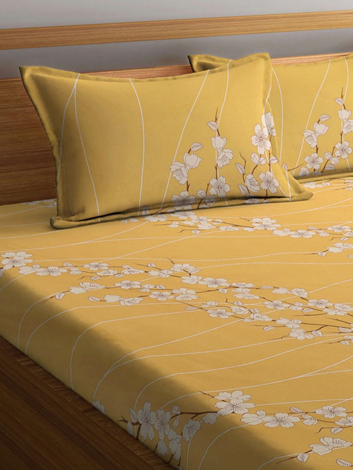 KLOTTHE Bercetak Bunga Kuning Dilengkapi 400 TC Kapas Cadar King & 2 Sarung Bantal