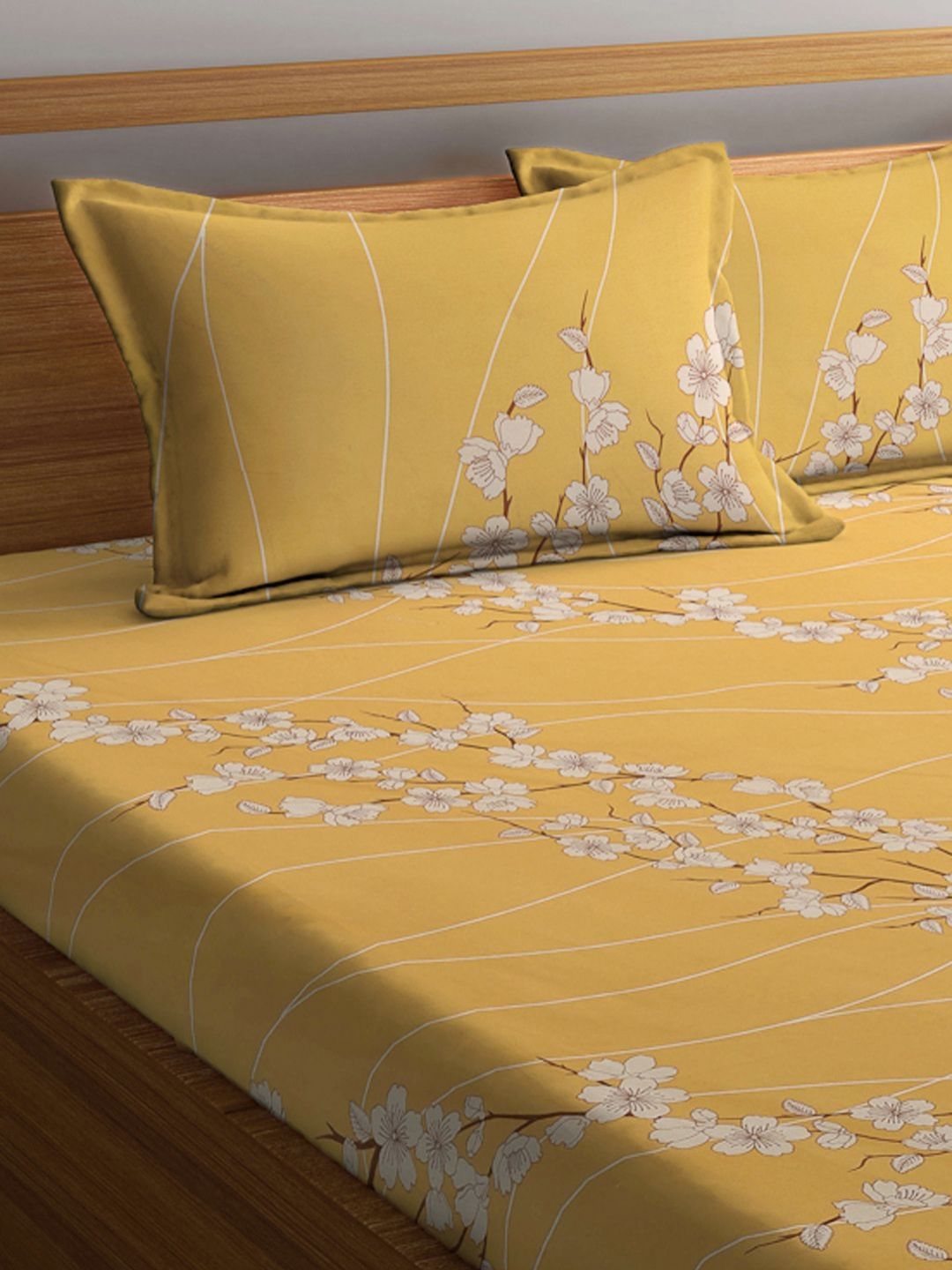 KLOTTHE Bercetak Bunga Kuning Dilengkapi 400 TC Kapas Cadar King & 2 Sarung Bantal