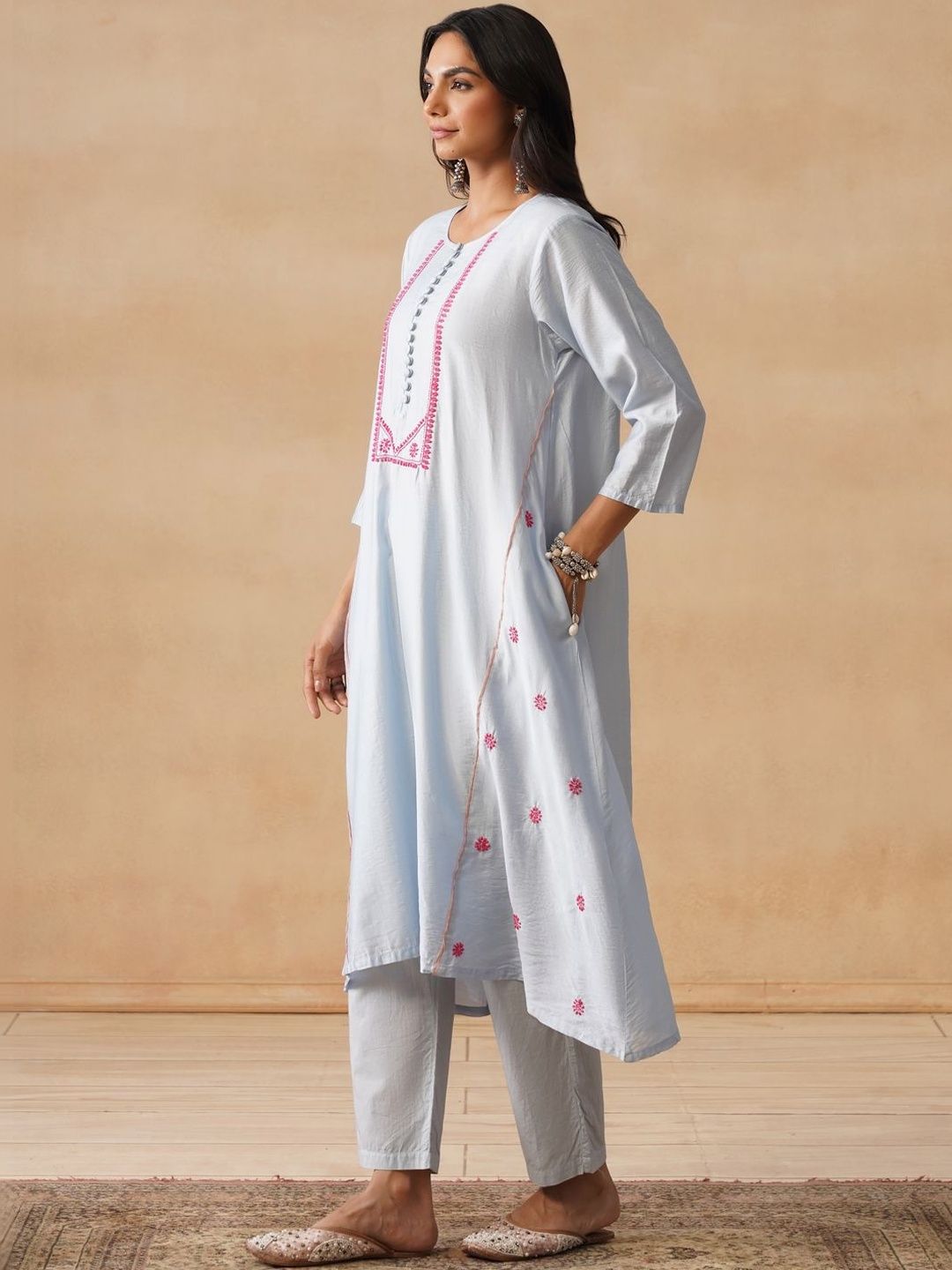 House of Chikankari Women Solid Blue Cotton A-Line Kurta