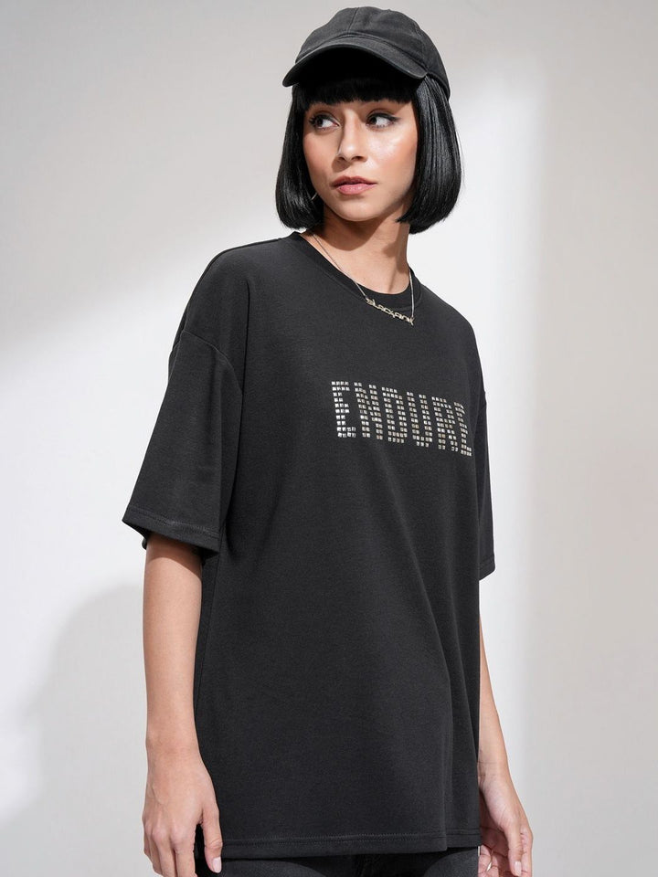 Street By Tokyo Talkies Women Solid Oversized Front Embellished T-Shirt
