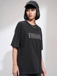 Street By Tokyo Talkies Women Solid Oversized Front Embellished T-Shirt