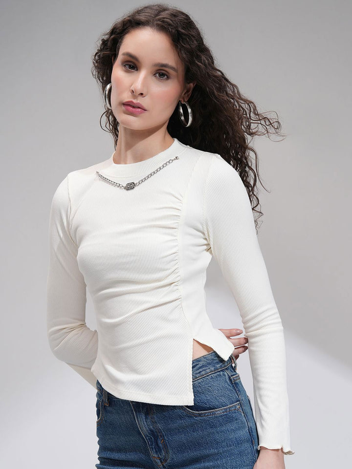 Tokyo Talkies Women Ribbed Mock Neck Bell Sleeve Fitted Top