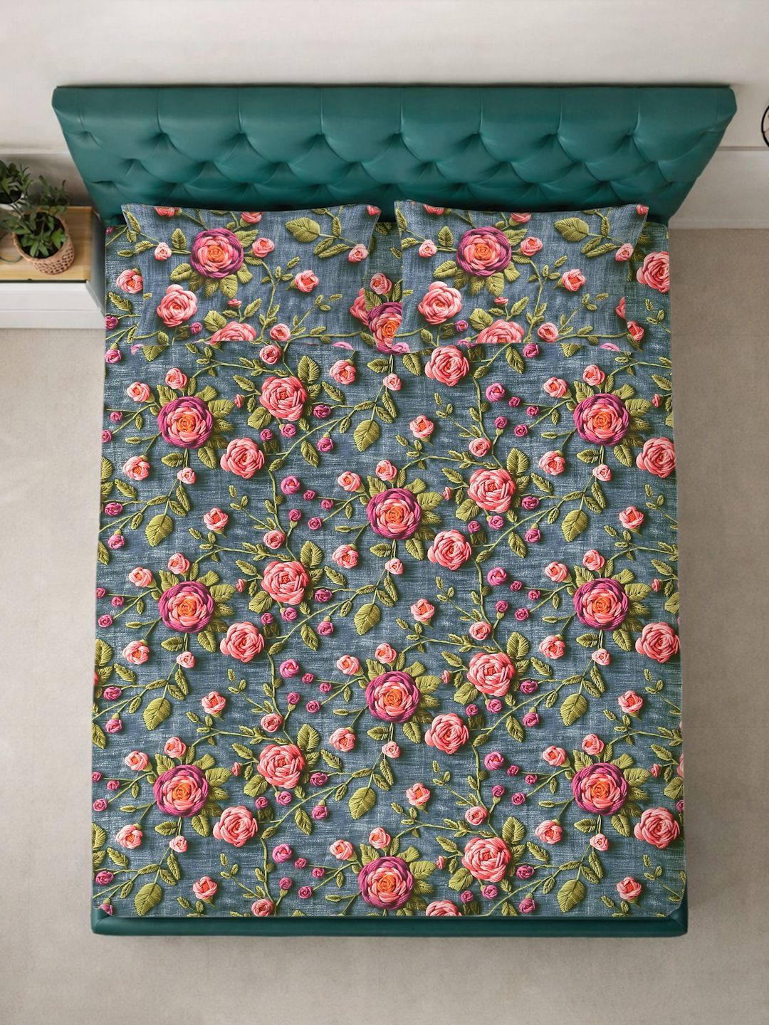 Myntra Elegant Homes Turquoise Blue Floral 300 TC King Bedsheet with 2 Pillow Covers