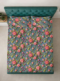Myntra Elegant Homes Turquoise Blue Floral 300 TC King Bedsheet with 2 Pillow Covers