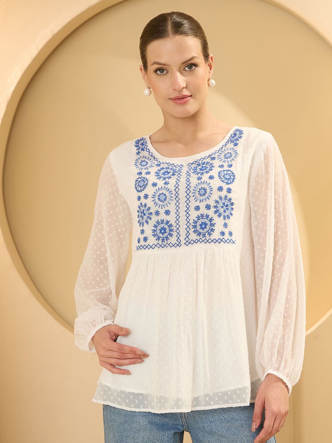 Antheaa Embroidered Self Design Chiffon Empire Top