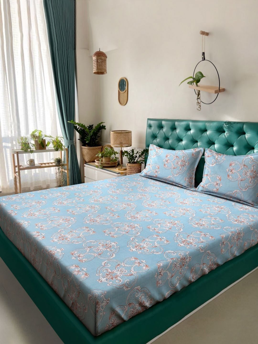 Myntra Elegant Homes Blue & White Printed 300 TC King Bedsheet Set 2.50 m x 2.25 m