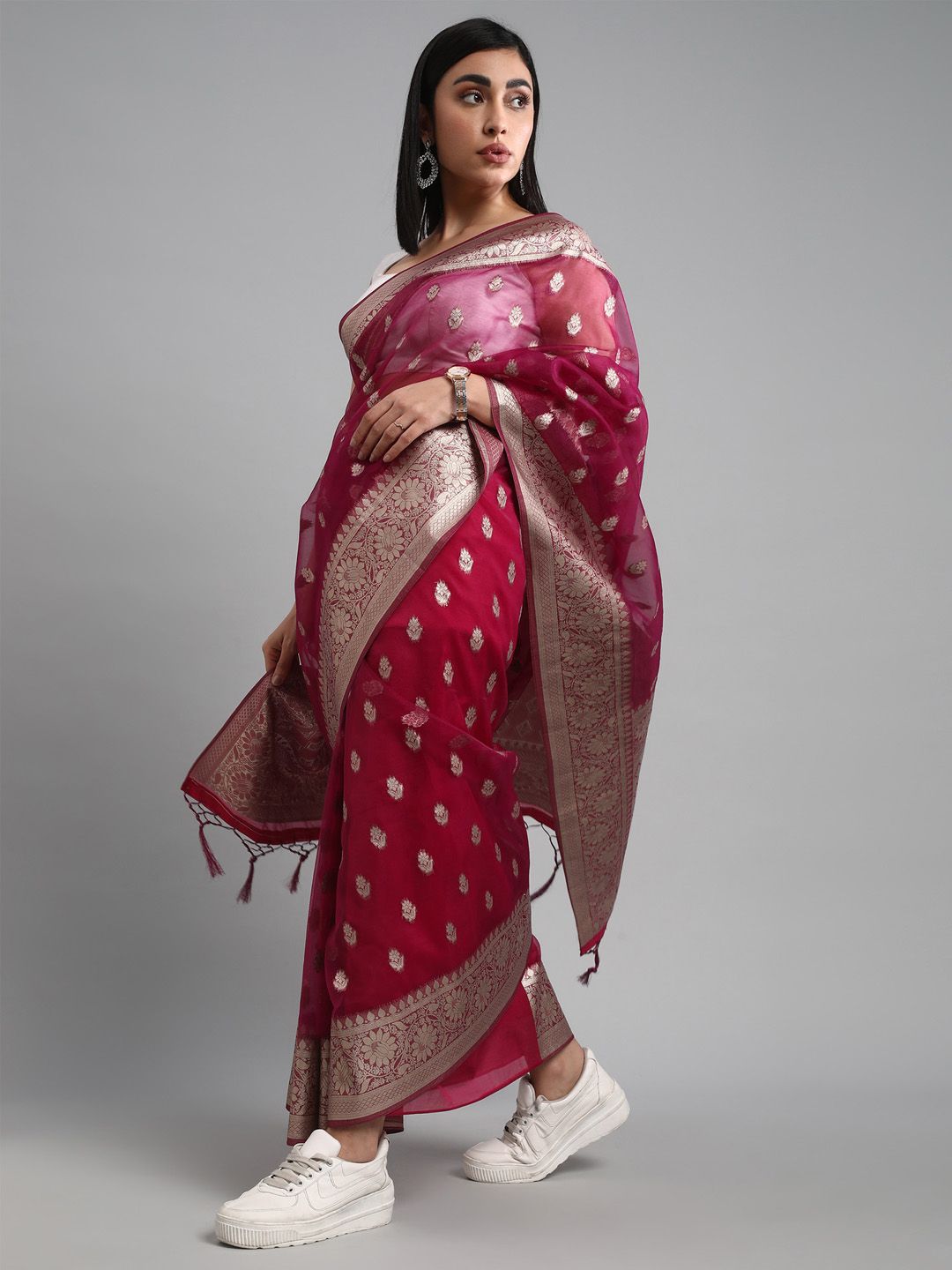 Saree mall Ethnic Motifs Zari Organza Banarasi Sarees