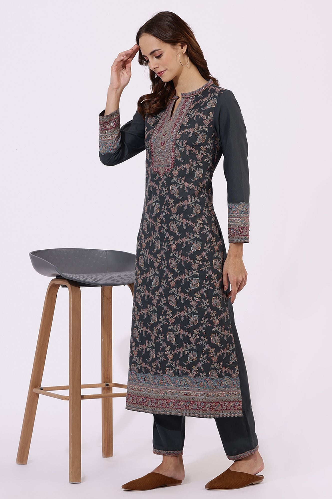 W Floral Printed Mandarin Collar Sequinned A-Line Kurta With Trousers & Dupatta