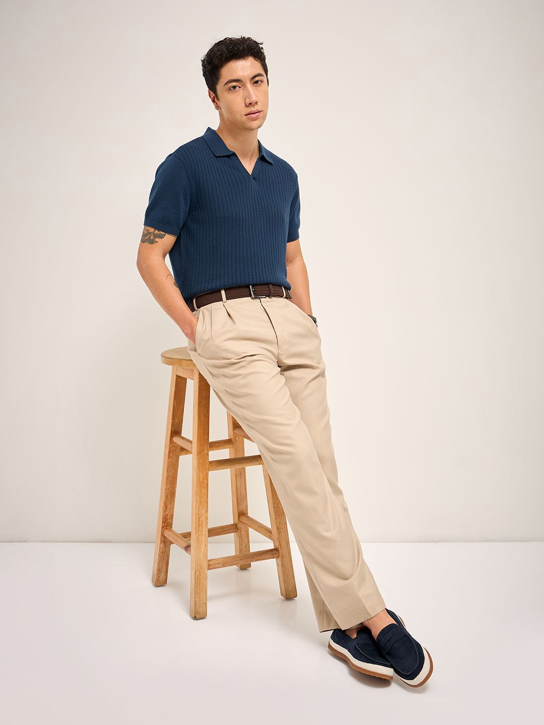 THE BEAR HOUSE Self Design Polo Collar Pure Cotton T-shirt
