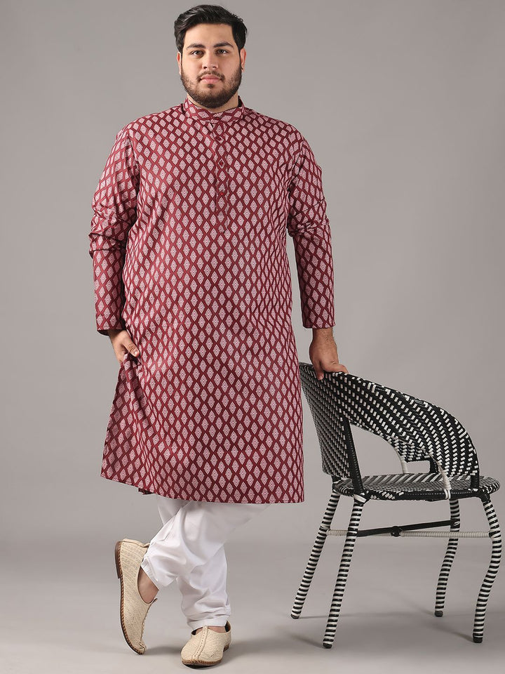 SOJANYA PLUS Plus Size Lelaki Motif Etnik Bercetak Kolar Jalur Kurta Lurus Dengan Piyama