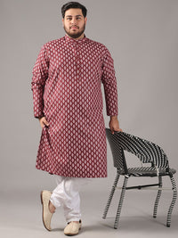 SOJANYA PLUS Plus Size Lelaki Motif Etnik Bercetak Kolar Jalur Kurta Lurus Dengan Piyama