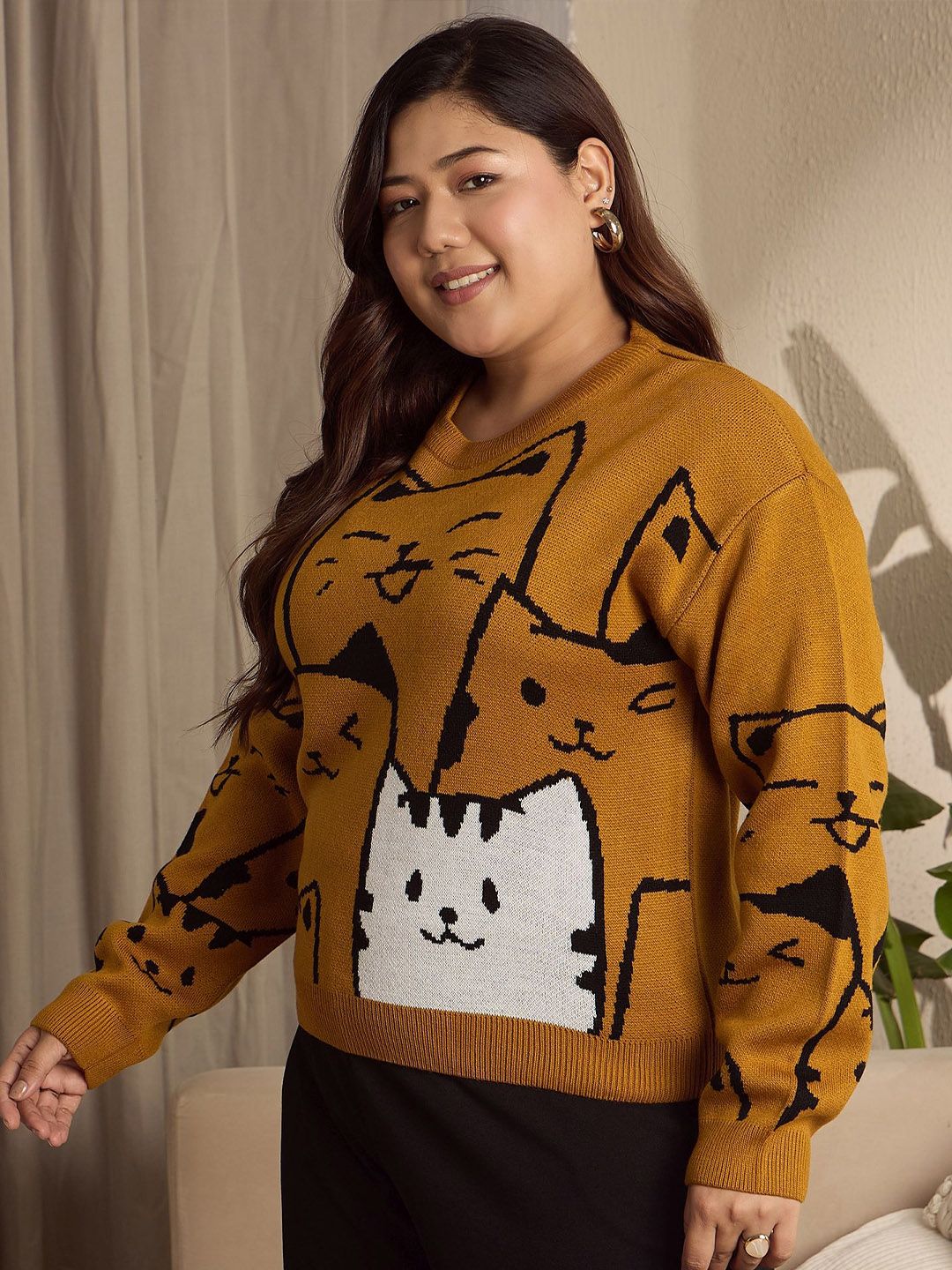 Berrylush Curve Women Graphic Printed Round Neck Long Sleeves Pullover Sweater