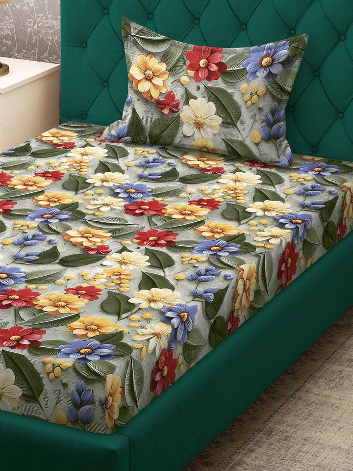 KLOTTHE Biru & Hijau Bercetak Bunga Dilengkapi Cadar 7D Single 300 TC Dengan Sarung Bantal