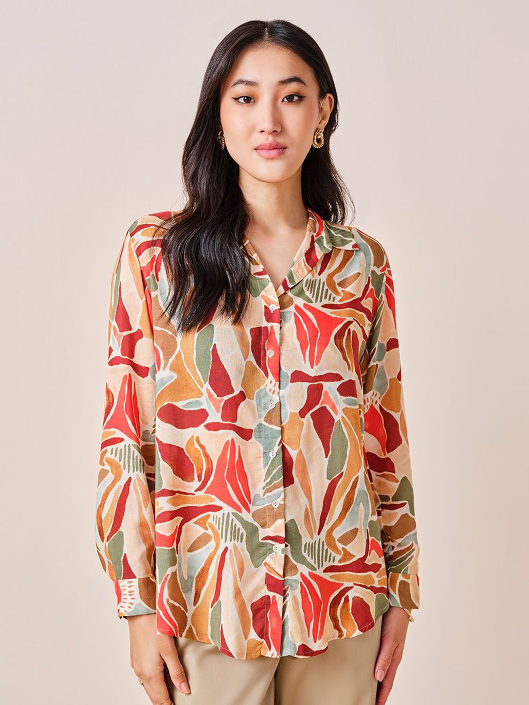 AND Print Tie-Up Neck Shirt Style Top