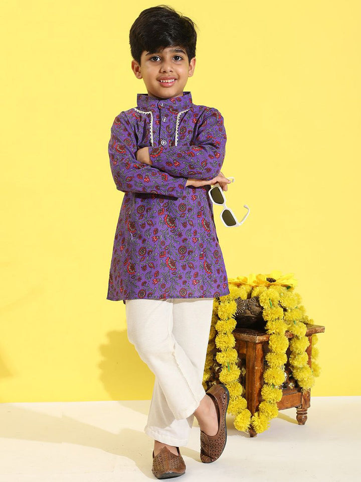 Cutiekins Boys Floral Printed Band Collar Straight Kurta With Pyjamas