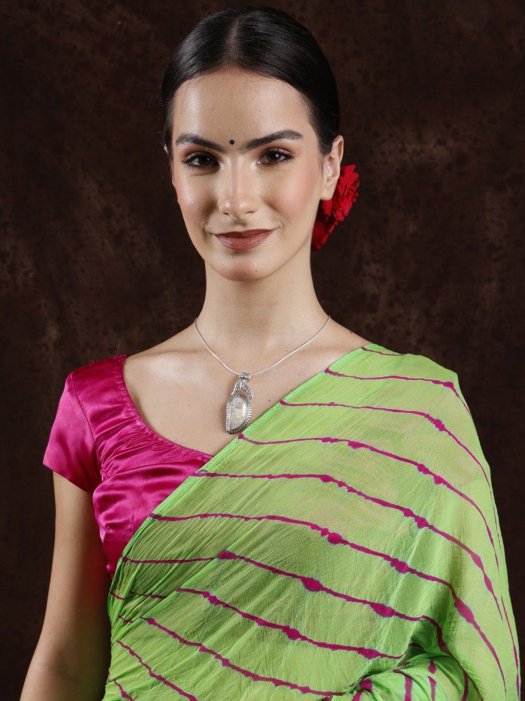 Exotic India Summer Green Leharia Tie-Dye Chiffon Saree