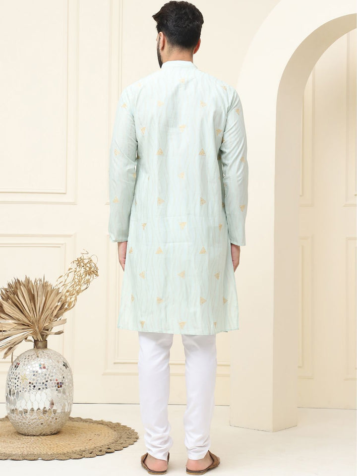 SOJANYA Geometric Woven Design Mandarin Collar Silk Cotton Straight Kurta dengan Piyama