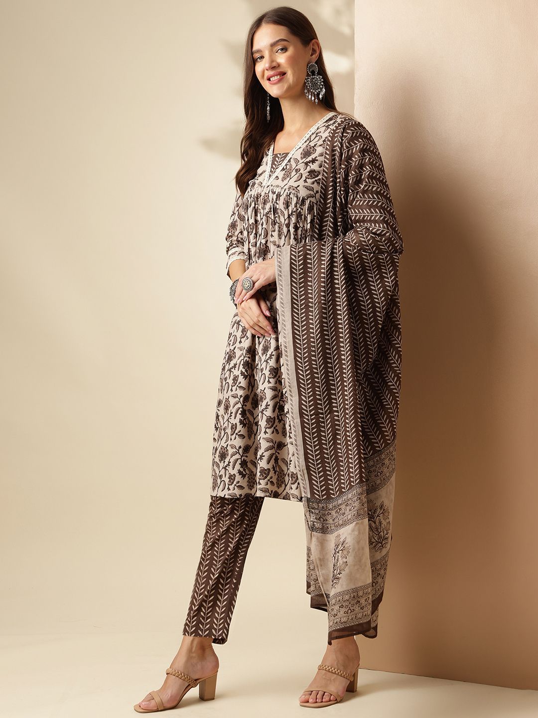 Anouk Ethnic Motifs Printed Regular Pure Cotton Anarkali Kurta with Trousers & Dupatta