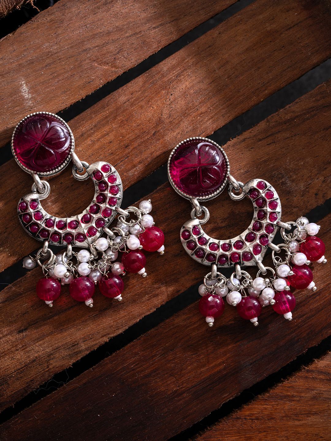 PANASH Silver-Plated Stones Studded And Beaded Contemporary Shaped Oxidized Drop Earrings