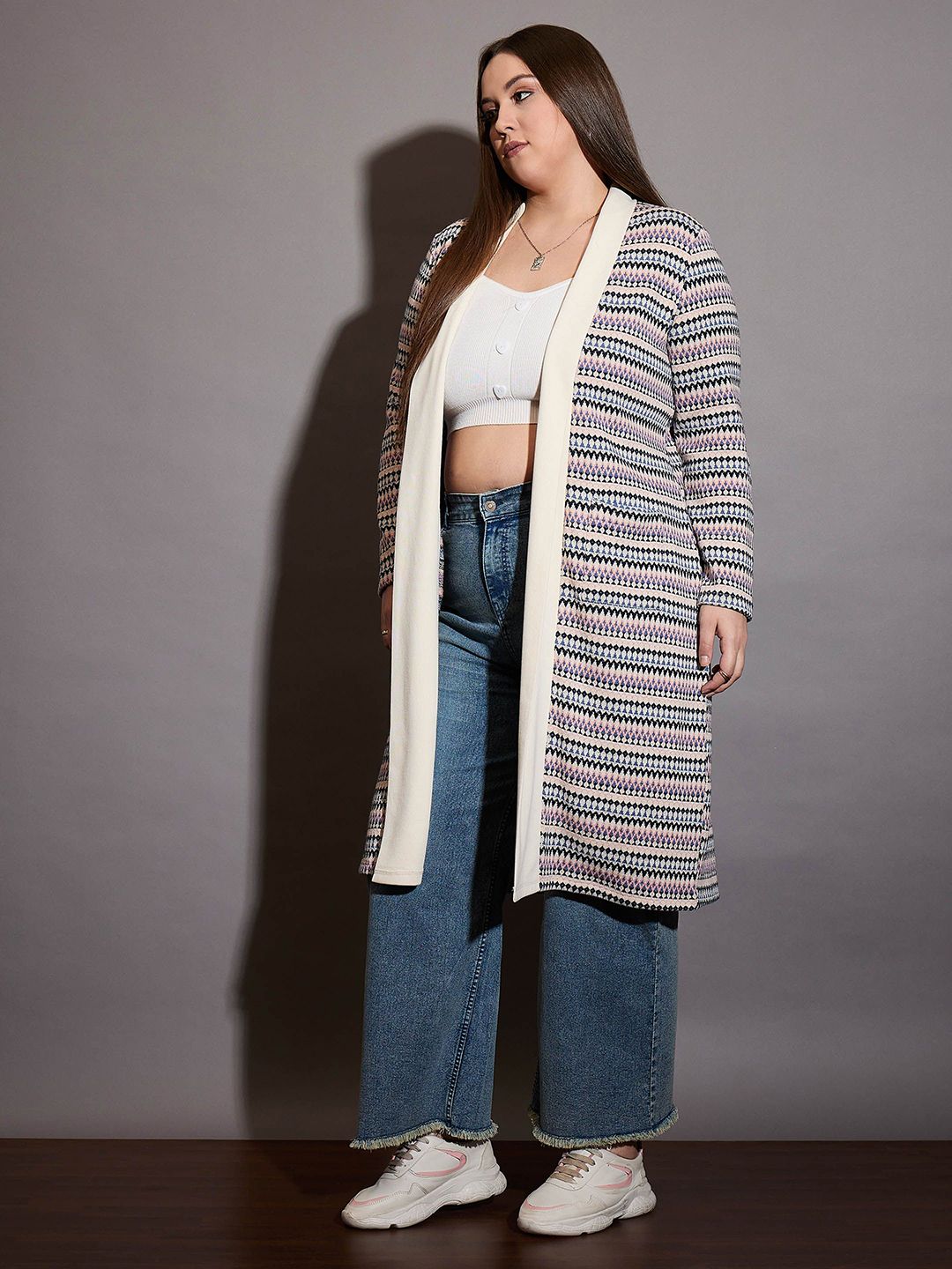 SASSAFRAS Curve Plus Size Chevron Striped Pure Cotton Longline Front Open Shrug