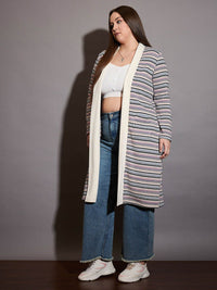 SASSAFRAS Curve Plus Size Chevron Striped Pure Cotton Longline Front Open Shrug