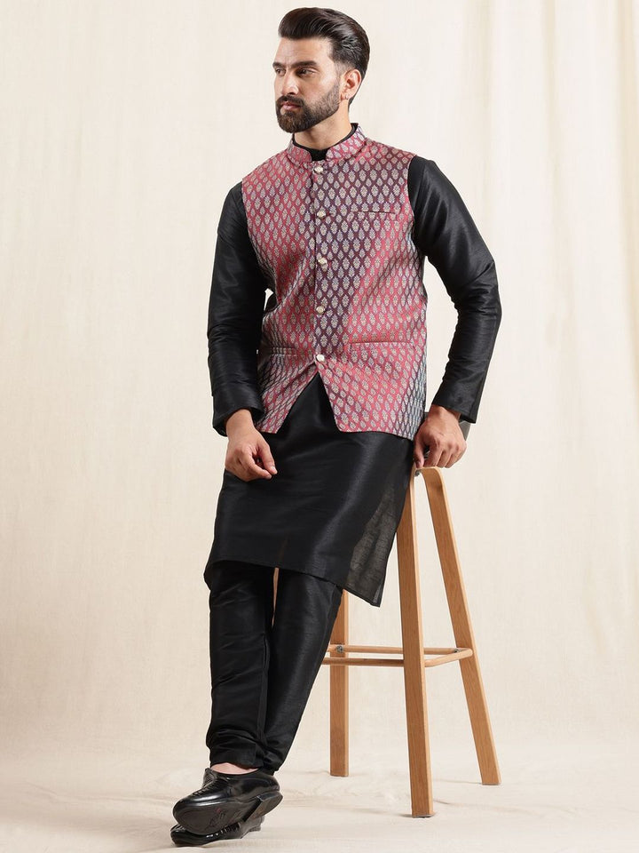 Anouk Men Mandarin Collar Kurta with Pyjamas With Woven Maroon Nehru Jacket