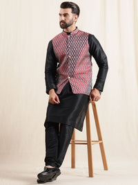 Anouk Men Mandarin Collar Kurta with Pyjamas With Woven Maroon Nehru Jacket