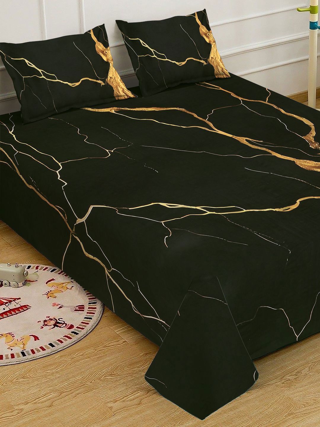 KLOTTHE Black Abstract Printed Fitted 300 TC King Fine Bedsheet With 2 Pillow Cover