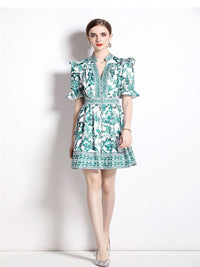 all about you Women Floral Print Puff Sleeve Ruffled A-Line Mini Dress