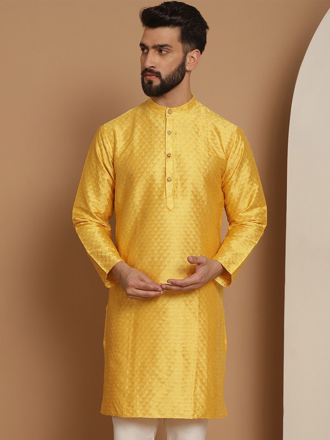 Anouk Mustard Yellow Ethnic Motifs Jacquard Silk Woven Design Band Collar Straight Kurta