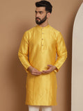 Anouk Mustard Yellow Ethnic Motifs Jacquard Silk Woven Design Band Collar Straight Kurta