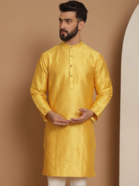 Anouk Mustard Yellow Ethnic Motifs Jacquard Silk Woven Design Band Collar Straight Kurta