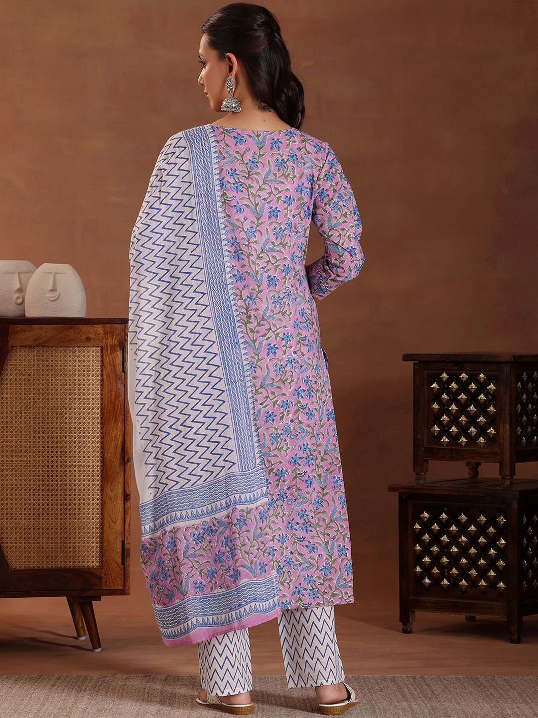 Libas Floral Printed Panelled Pure Cotton Straight Kurta With Trousers & Dupatta