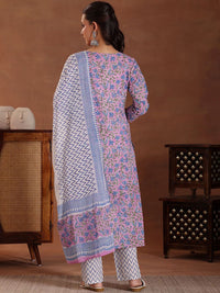 Libas Floral Printed Panelled Pure Cotton Straight Kurta With Trousers & Dupatta