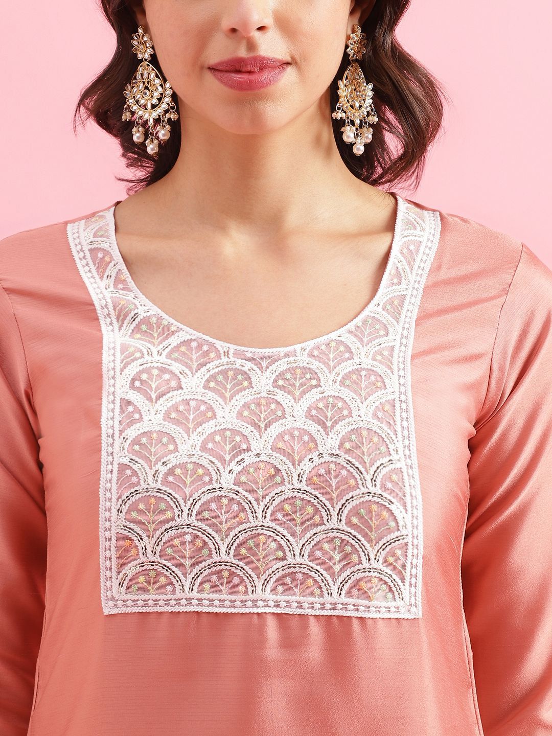 KALINI Floral Yoke Design Straight Thread Work Kurta with Trousers & Dupatta
