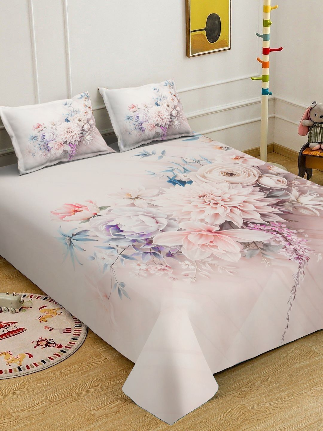 KLOTTHE White & Pink Floral Printed Flat 300 TC King Fine Bedsheet With 2 Pillow Cover