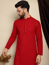 Anouk Maroon Geometric Embroidered Sequined Mandarin Collar Pure Cotton Straight Kurta