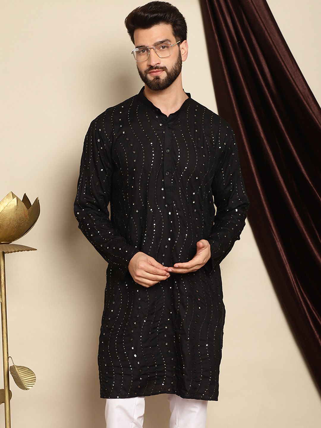Anouk Black Embellished Mirror Work Mandarin Collar Pure Cotton Kurta