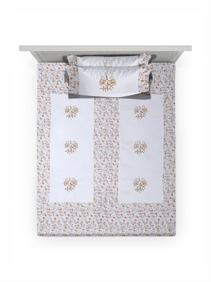 Myntra Elegant Homes White Floral Cotton Breathable 400 TC Single Superfine Bedsheet with 2 Pillow Covers-225 x 150 cm